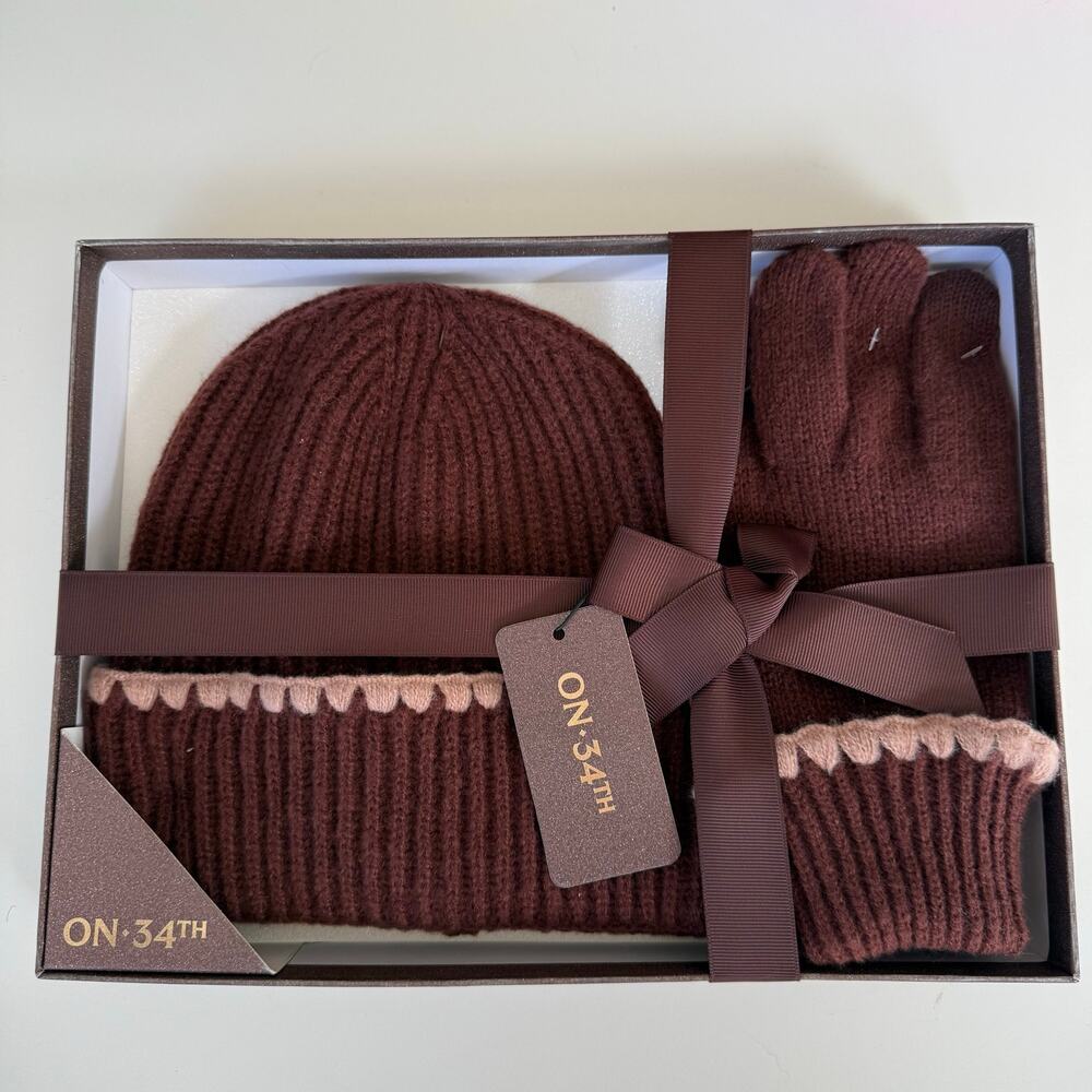 On 34th Ribbed Beanie Gloves Set Chocolate Brown NWT Gift Box $68